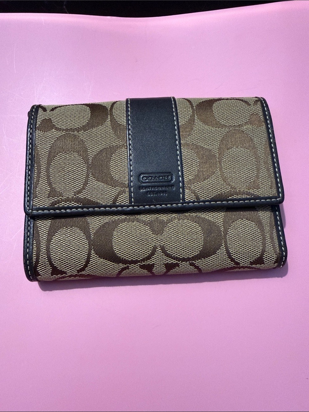 Coach Brown Signature Canvas Trifold Wallet with Black Trim